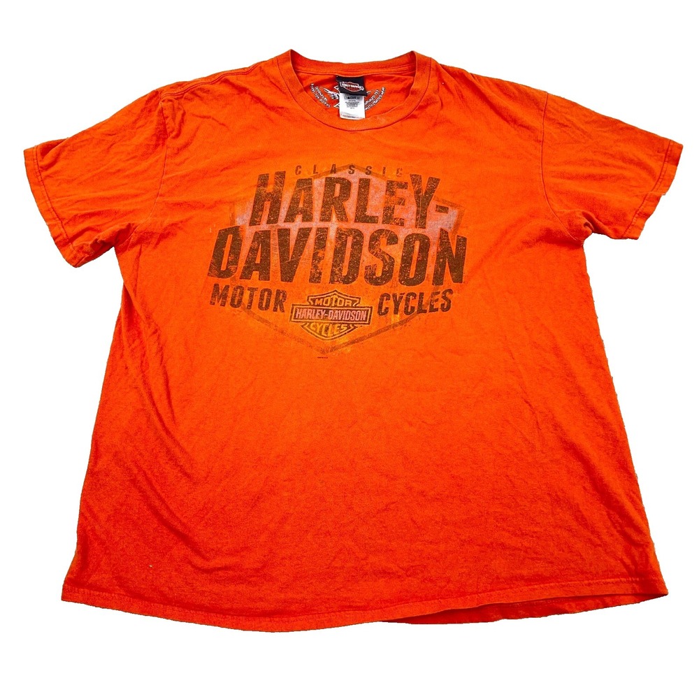 Harley Davidson Shirt Men XL Orange Tee Spell Out Orlando Florida Y2K STAINS